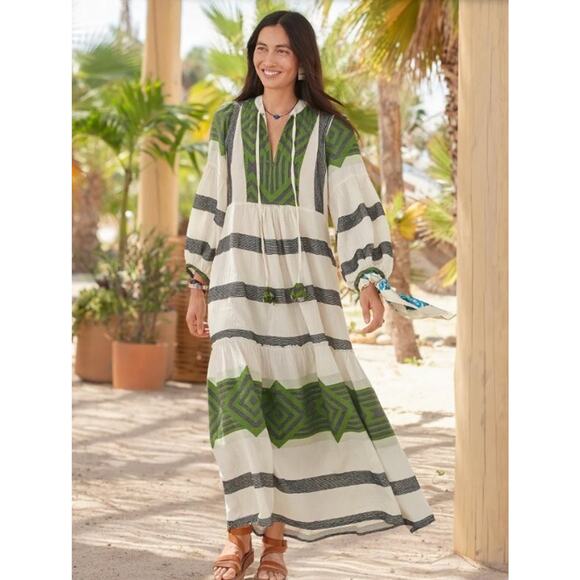 PEARL & CAVIAR Sz S/M Green Ivory Cotton Zakar Maxi Dress NWT - Picture 1 of 12